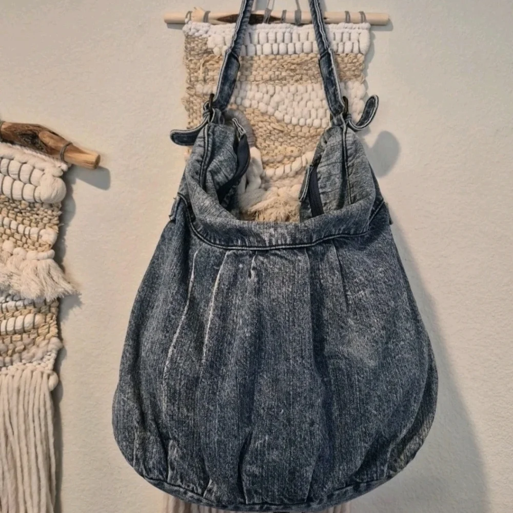 Vtg Denim Braided Detail Zipper Closure Boho Bohemian Hobo Shoulder Bag